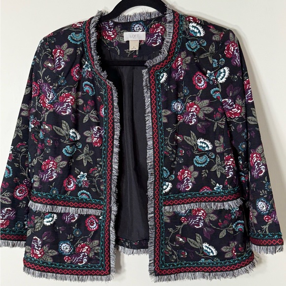 LOFT Women’s Black‎ Fringe Embroidered Floral Jacket Size 6 - Picture 3 of 7
